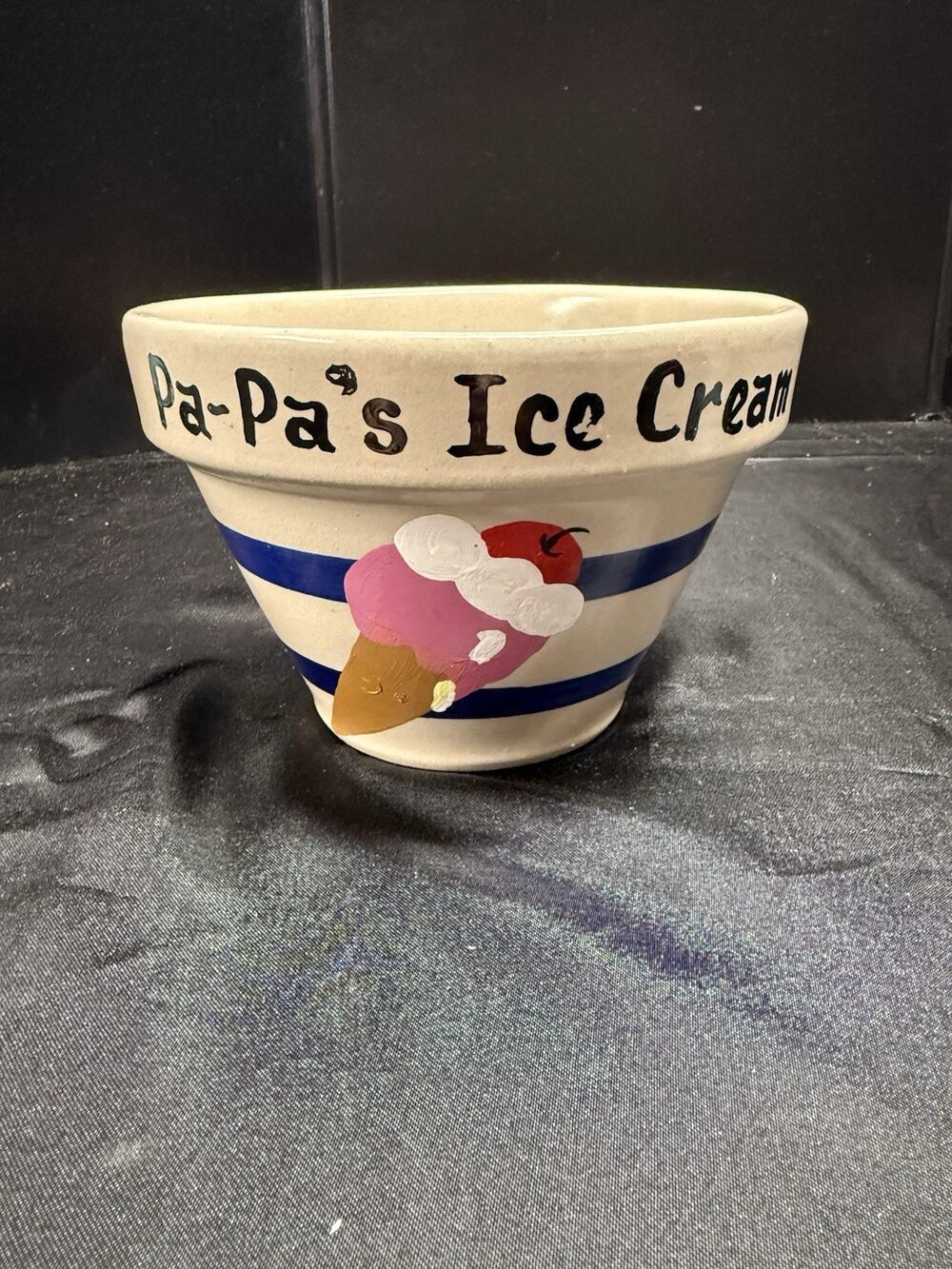 Roseville Pottery Double Blue Stripe 6" Stoneware Bowl Pa-Pa’s Ice Cream Ohio